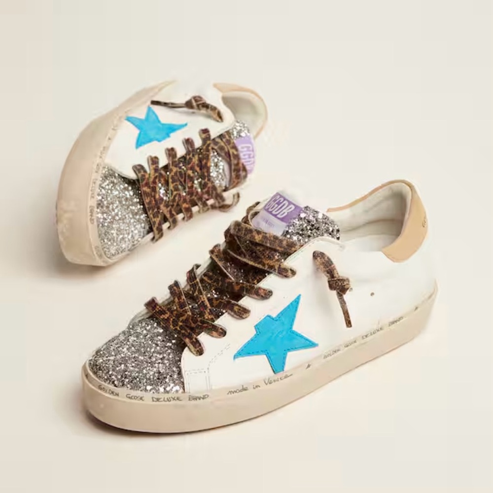Golden Goose hi star LTD sneakers with glitter tongue and cyan blue suede star